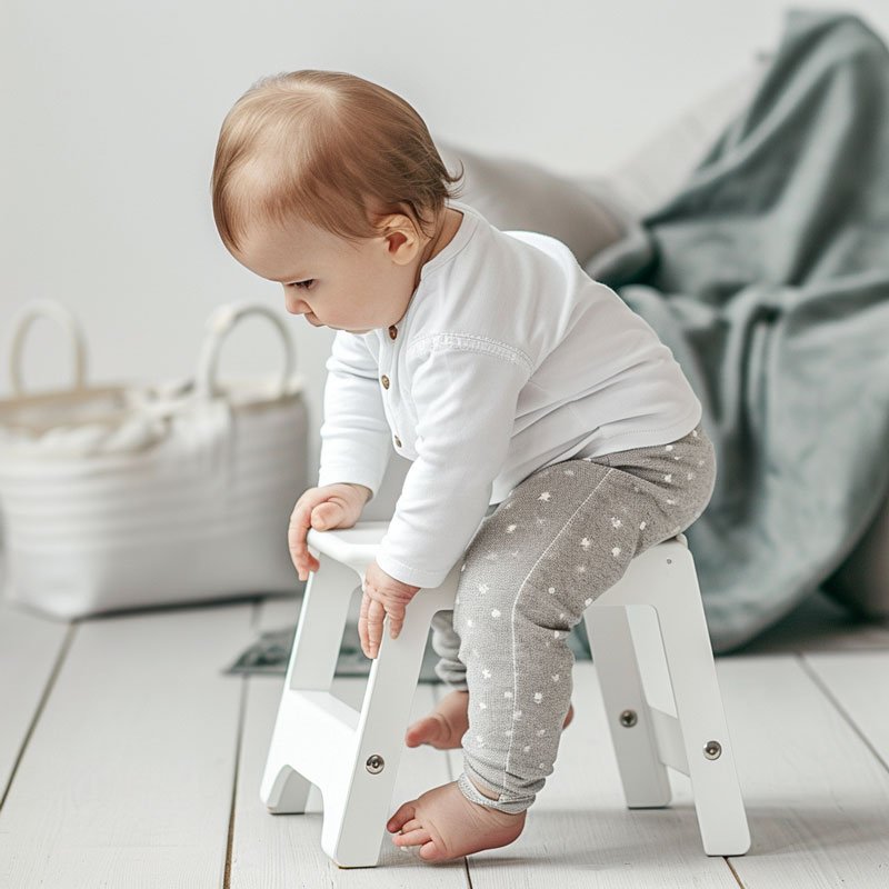 Baby on a step stool in his room