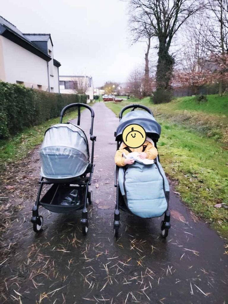 Two YOYO Babyzen strollers with bassinet and rain protection and 6+ pack with footmuff