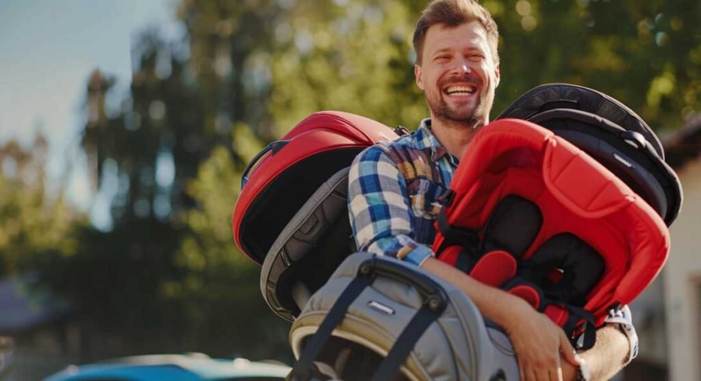 dad with 3 car seats in his arms