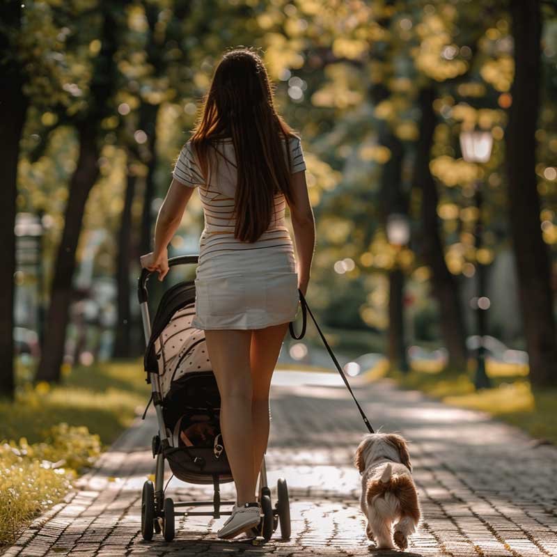 mom with stroller and dog on leash