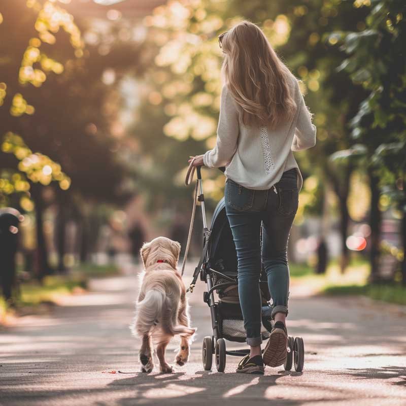 dog on leash with stroller at side