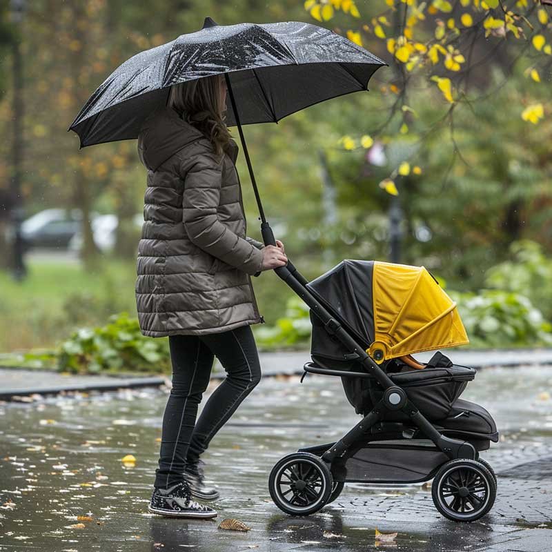 universal parasol stroller in the rain